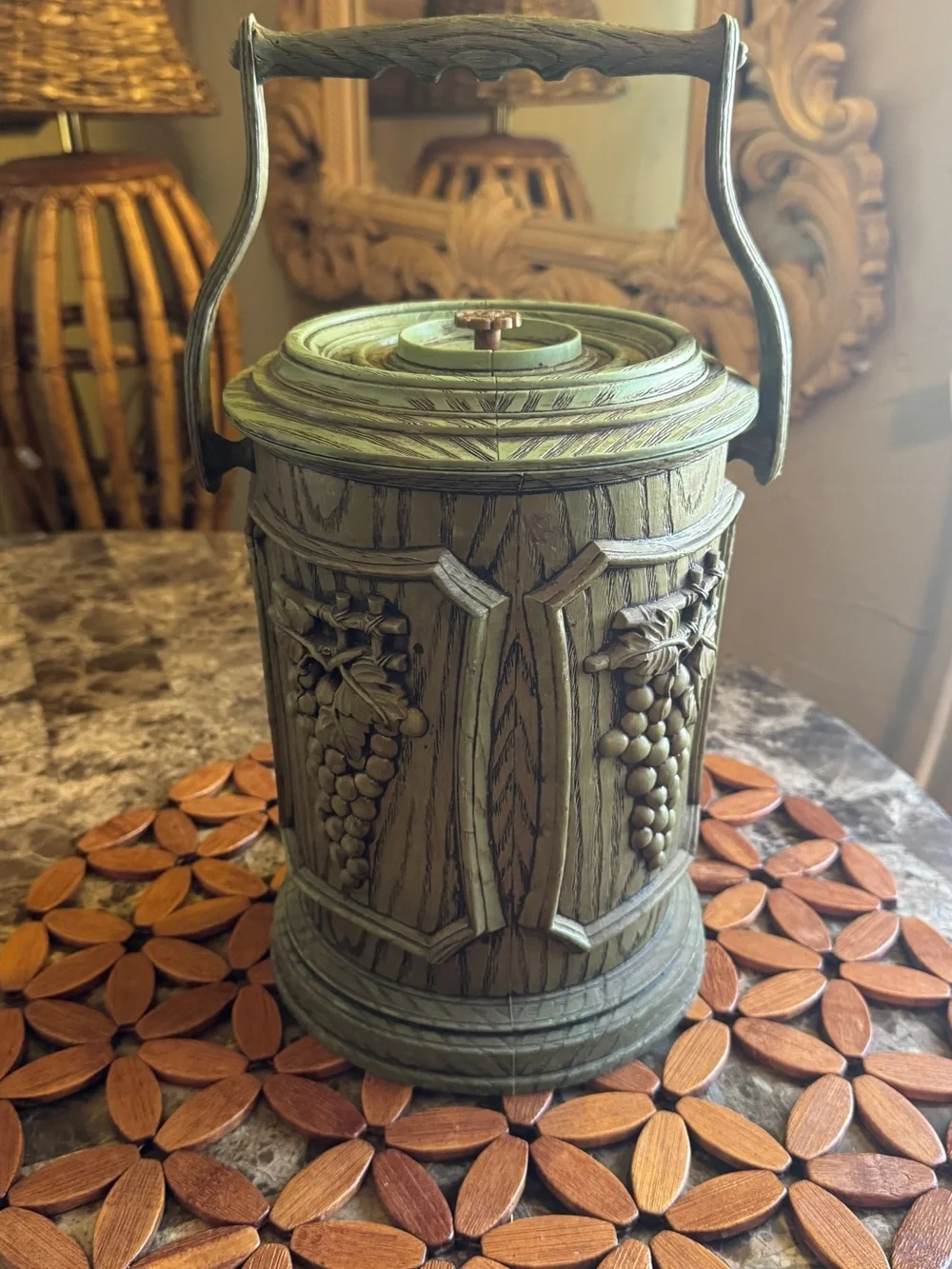 Vintage MCM Grape Ice Bucket – Avocado Green Faux Woodgrain Barware